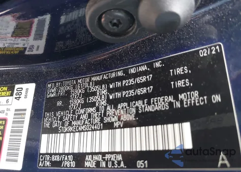 2021 Toyota Sienna Le из США, поврежденный, VIN 5TDKRKEC4MS024401